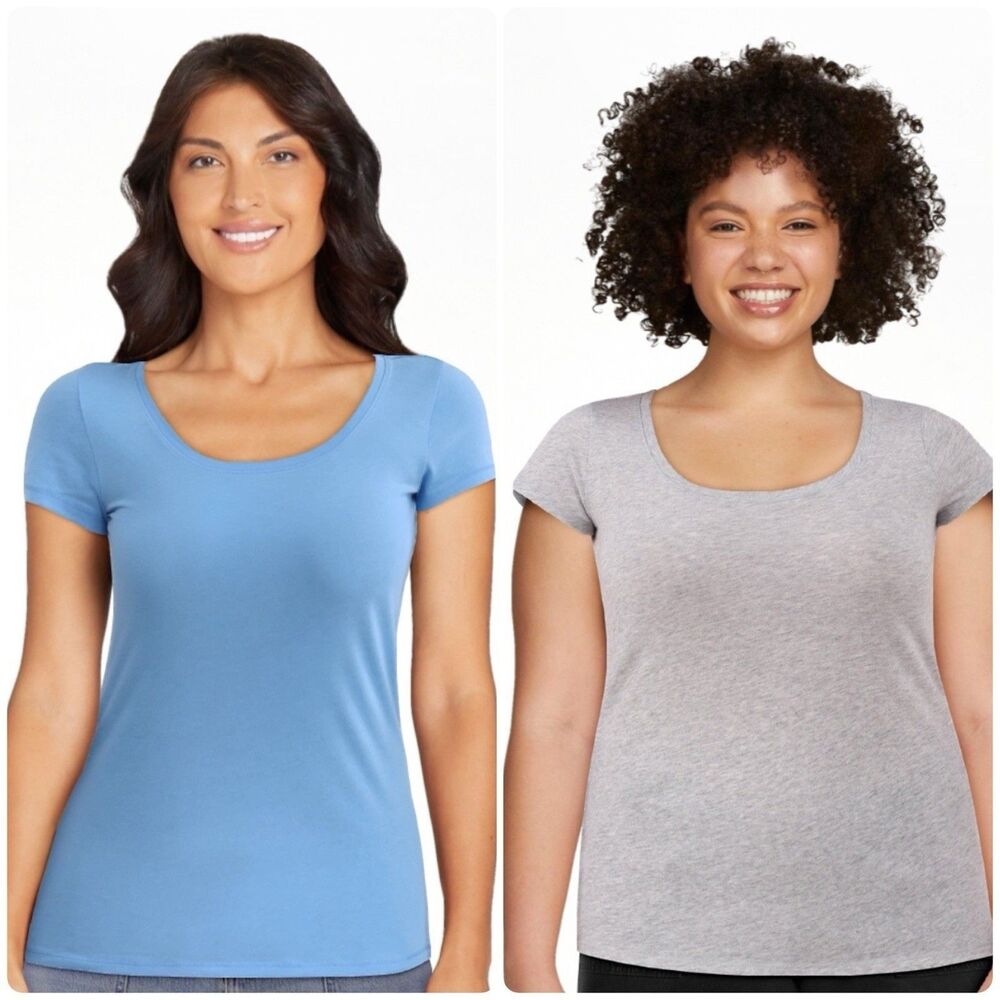 Set of 2 Casual Cotton Scoop Neck Tee T-Shirt Blue & Gray Everyday Top Tee NEW M